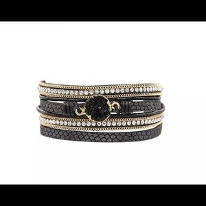 Black leather wrap bracelet with druzy stone
